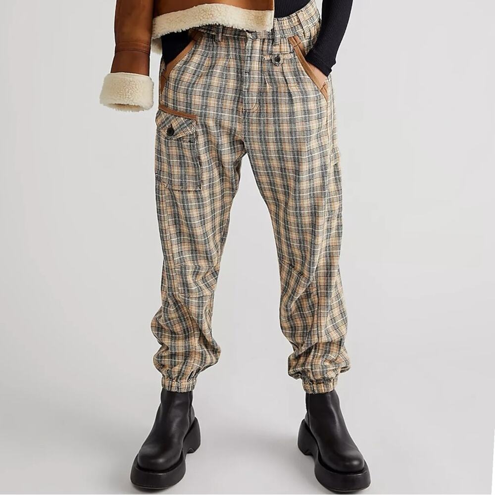 Free People Grunge 90s Plaid Cargo Jogger Back Street Pants Size Large - Picture 4 of 14